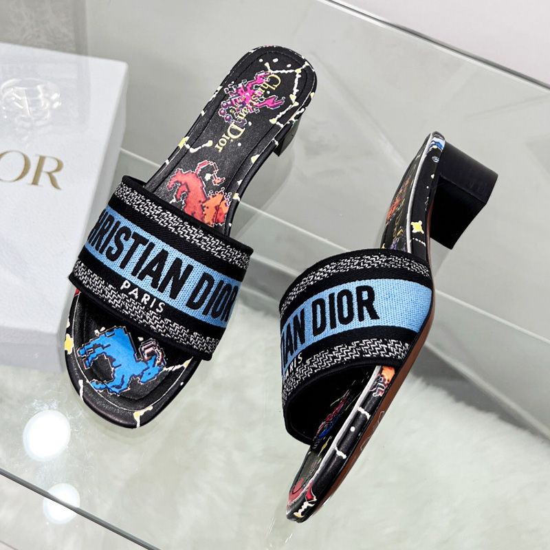 Christian Dior Dway Slides Women Pixel Zodiac Motif Canvas Black Hot Sale