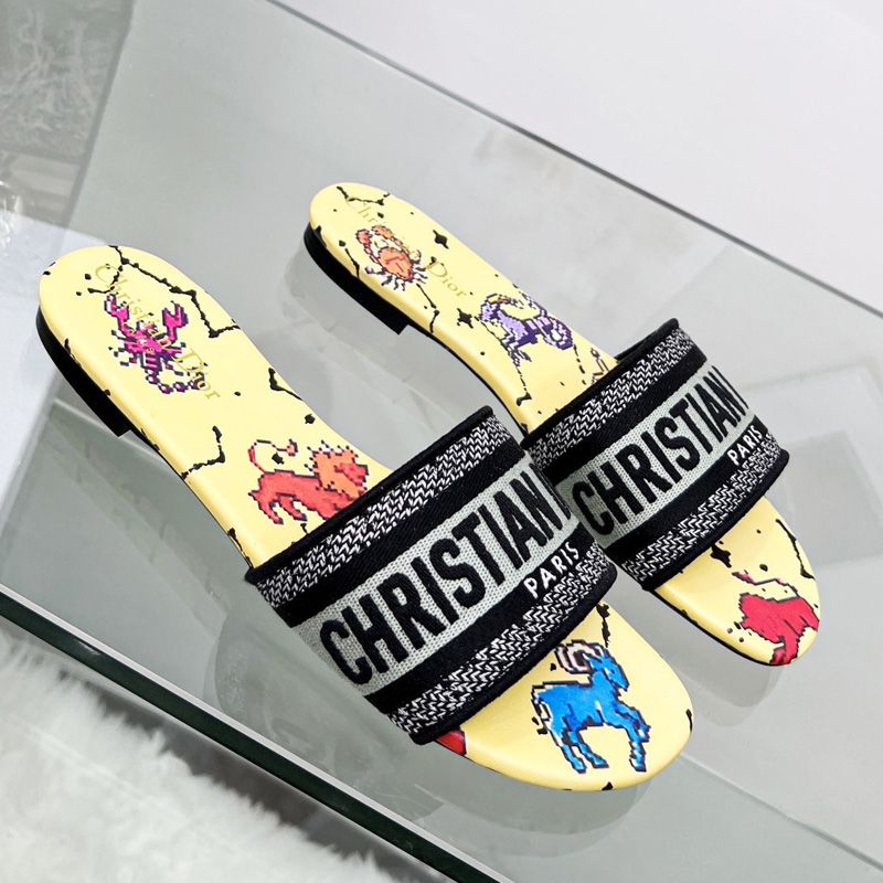 Hot Christian Dior Dway Slides Women Pixel Zodiac Motif Canvas Yellow