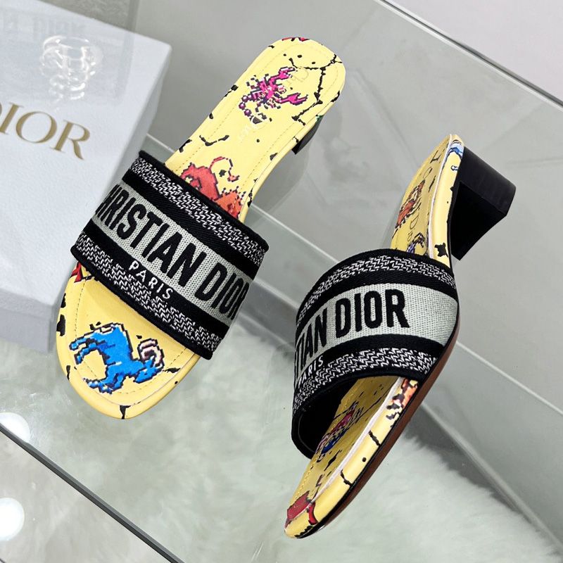 Hot Christian Dior Dway Slides Women Pixel Zodiac Motif Canvas Yellow