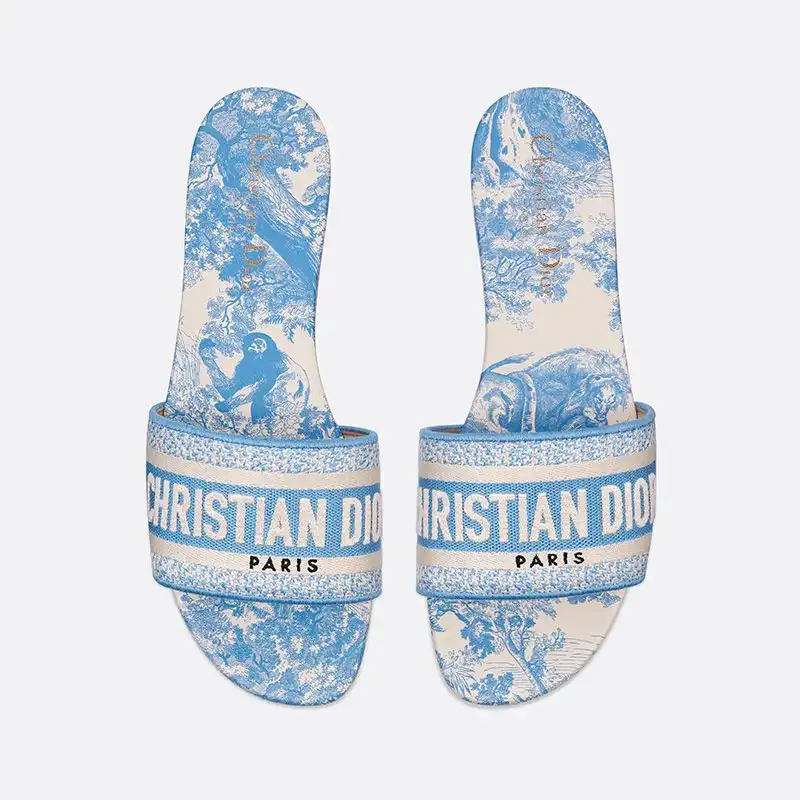 Hot Christian Dior Dway Slides Women Toile De Jouy Motif Canvas Sky Blue