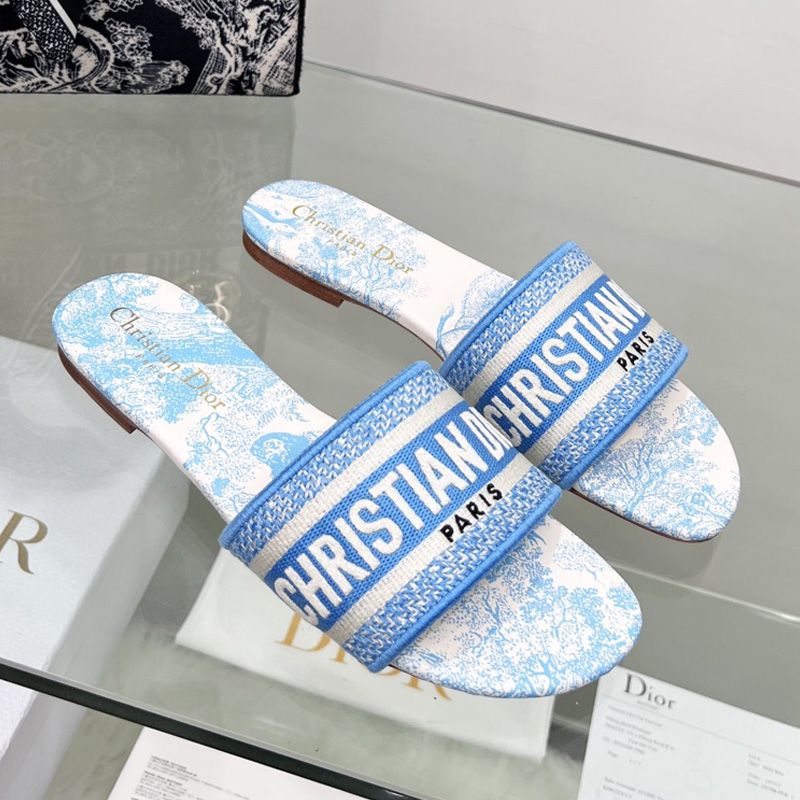 Christian Dior Dway Slides Women Toile De Jouy Motif Canvas Sky Blue