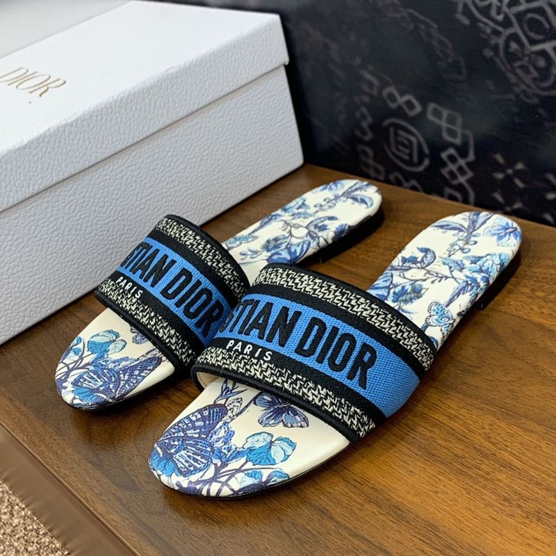 Hot Christian Dior Dway Slides Women Toile de Jouy Mexico Motif Canvas White Blue