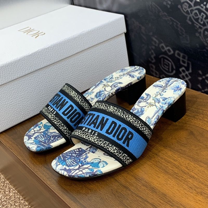 Hot Christian Dior Dway Slides Women Toile de Jouy Mexico Motif Canvas White Blue