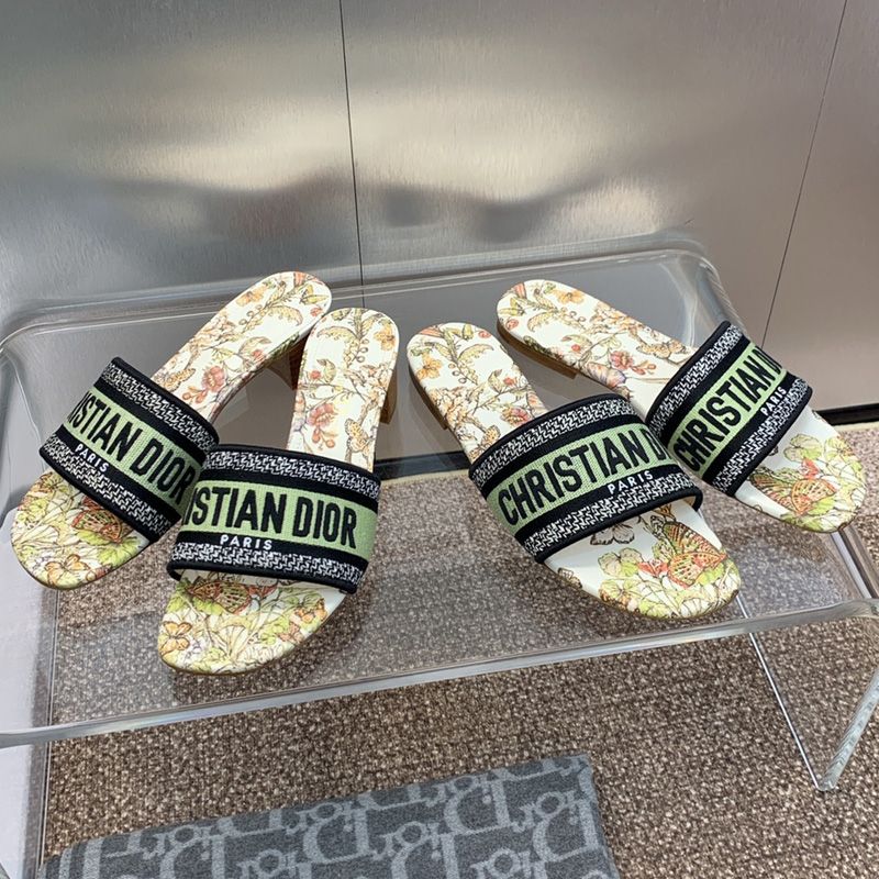 Hot Christian Dior Dway Slides Women Toile de Jouy Mexico Motif Canvas White Green