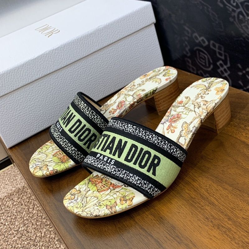 Hot Christian Dior Dway Slides Women Toile de Jouy Mexico Motif Canvas White Green