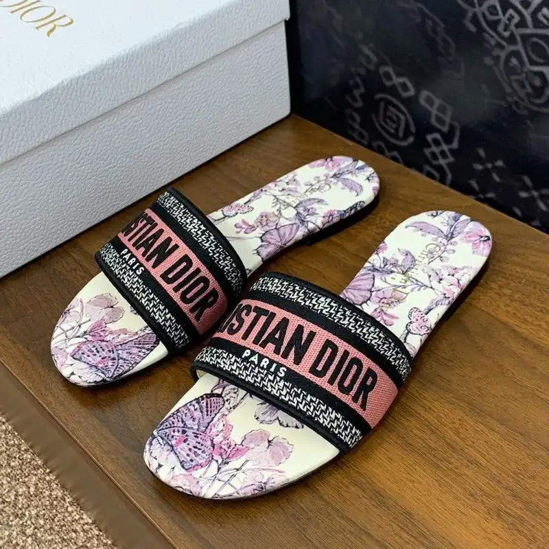 Affordable Hot Christian Dior Dway Slides Women Toile de Jouy Mexico Motif Canvas White Pink