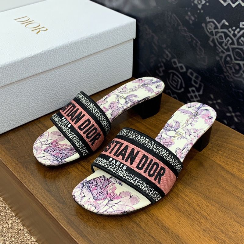 Hot Christian Dior Dway Slides Women Toile de Jouy Mexico Motif Canvas White Pink