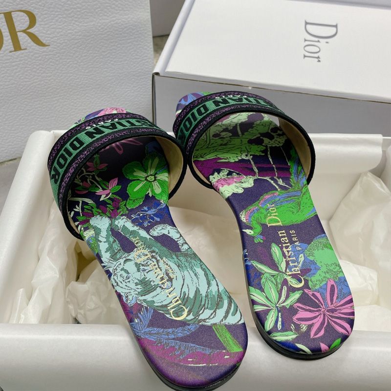 Christian Dior Dway Slides Women Toile de Jouy Voyage Motif Canvas Multi Green Hot Sale