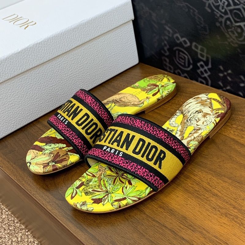 Christian Dior Dway Slides Women Toile de Jouy Voyage Motif Canvas Yellow Hot Sale