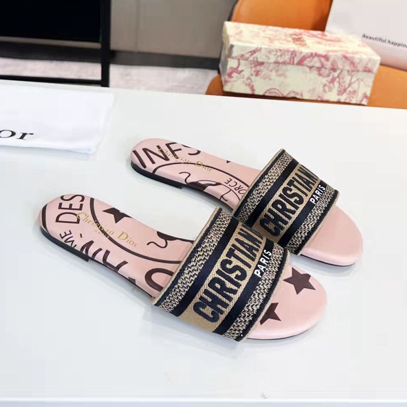 Christian Dior Dway Slides Women Jute Motif Canvas Pink Hot Sale