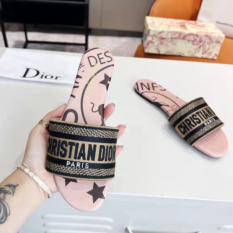 Christian Dior Dway Slides Women Jute Motif Canvas Pink Hot Sale