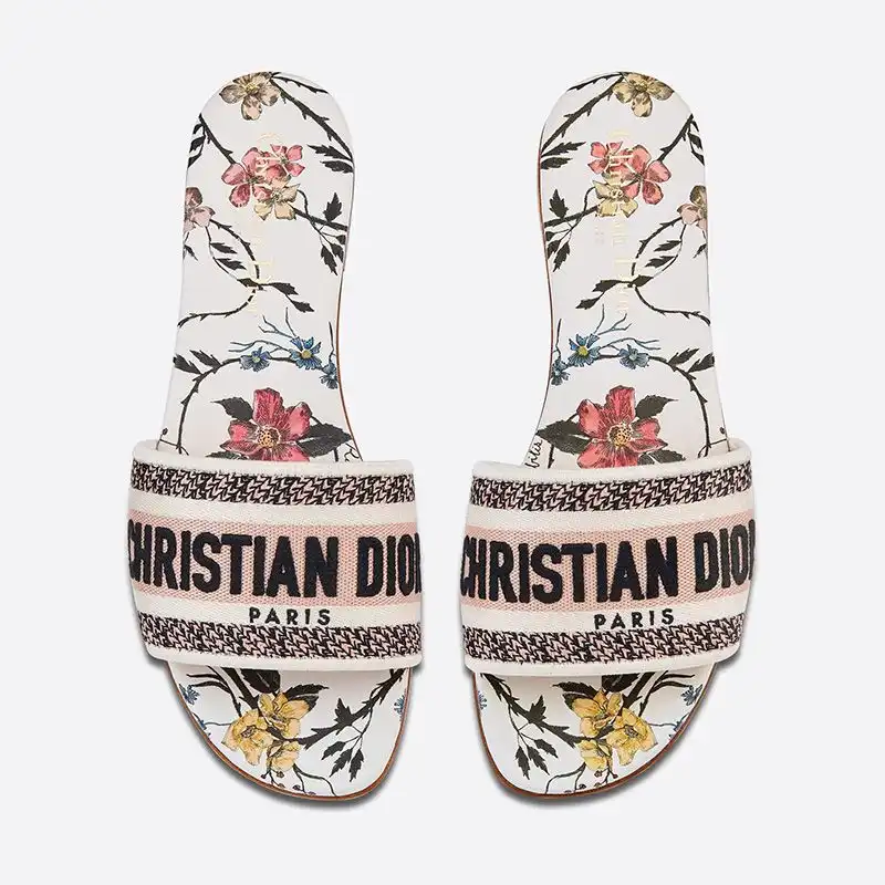 Hot Christian Dior Dway Slides Women Rosa Mutabilis Motif Canvas White