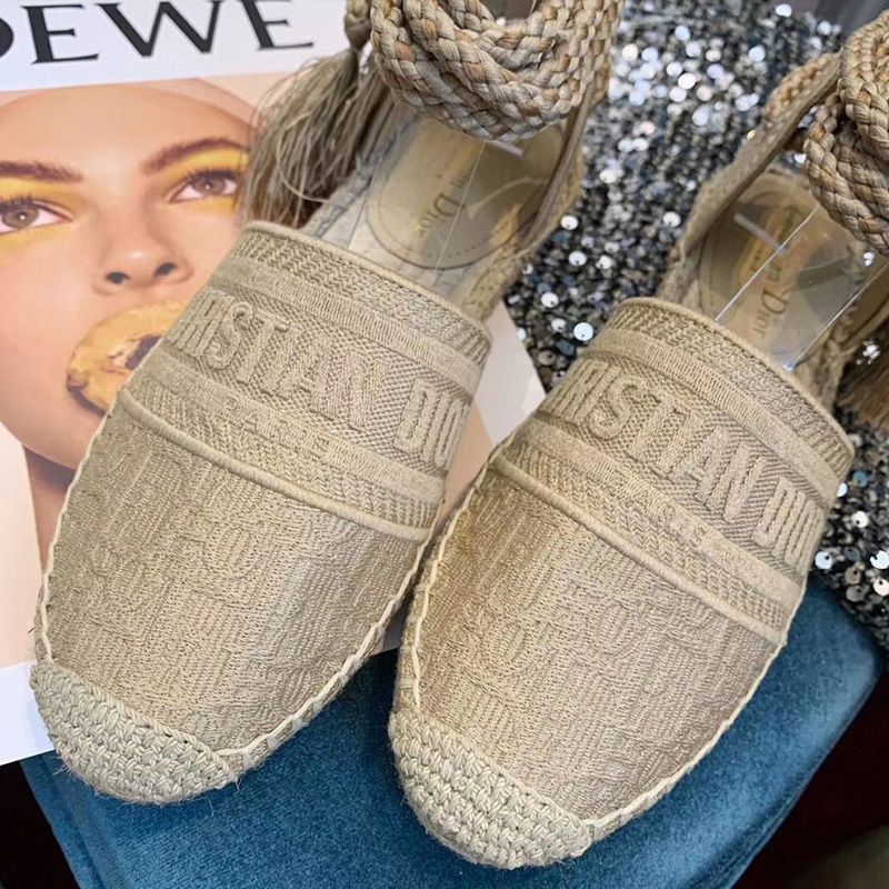 Hot Christian Dior Granville Espadrilles with Laces Women Oblique Motif Cotton Apricot