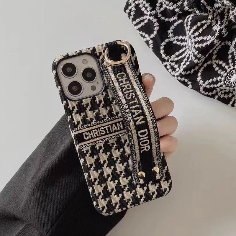 Christian Dior iPhone Case with Wrist Strap Macro Houndstooth Embroidery Black Hot Sale