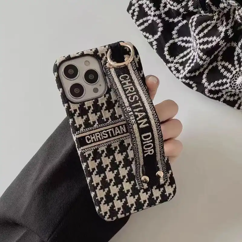 Hot Christian Dior iPhone Case with Wrist Strap Macro Houndstooth Embroidery Black