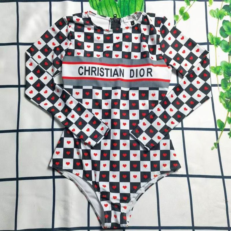 Christian Dior Bodysuit Women Dioramour D-Chess Heart Motif Lycra Black White Hot Sale