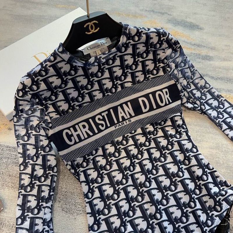 Hot Christian Dior Bodysuit Women Oblique Motif Lycra Blue