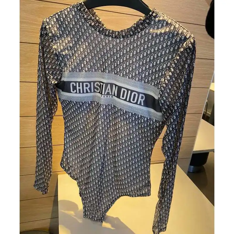 Christian Dior Bodysuit Women Oblique Motif Lycra Grey Luxury