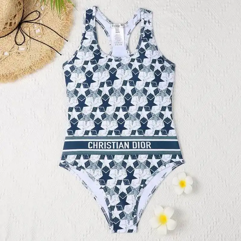 Hot Christian Dior Racerback Swimsuit Women Etoile Motif Lycra Blue