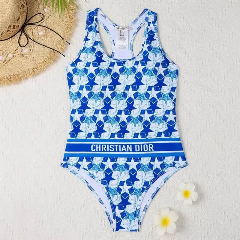 Hot Christian Dior Racerback Swimsuit Women Etoile Motif Lycra Sky Blue