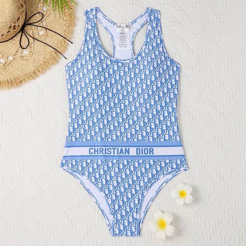 Hot Christian Dior Racerback Swimsuit Women Oblique Motif Lycra Sky Blue