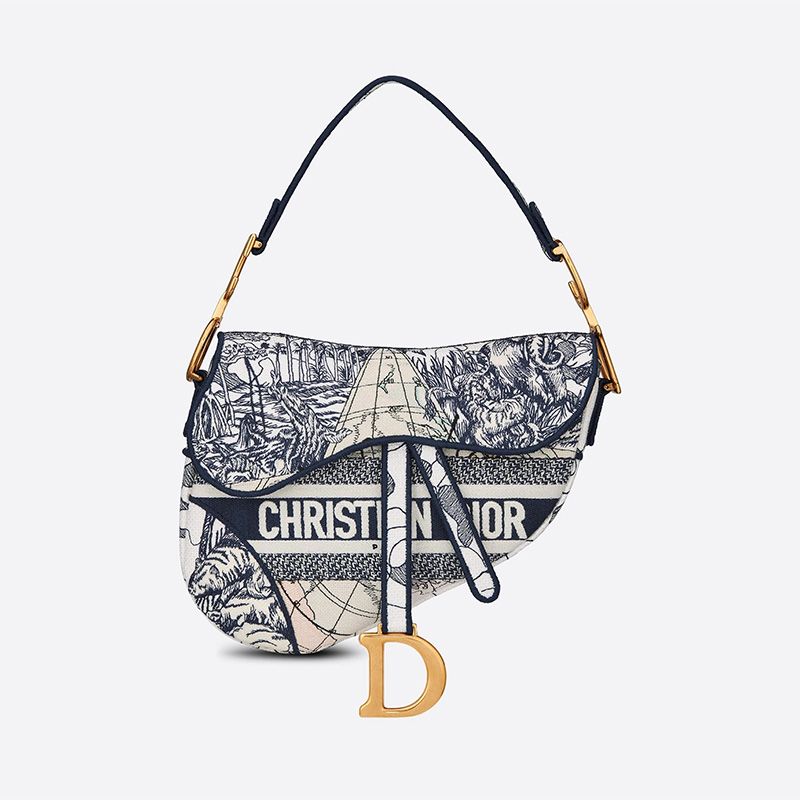 Hot Christian Dior Saddle Bag Around the World Motif Canvas Blue