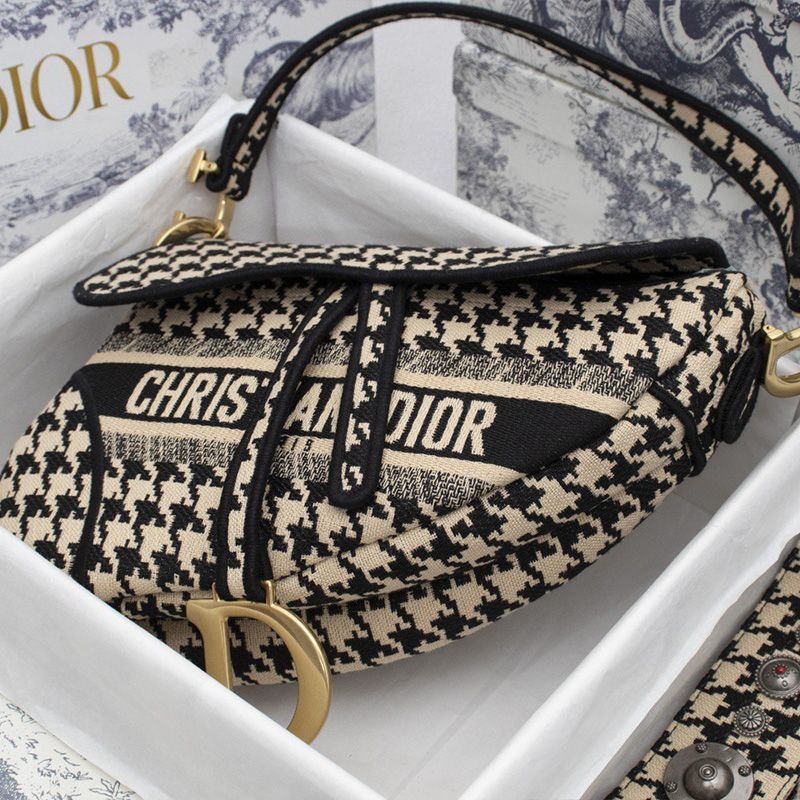 Hot Christian Dior Saddle Bag Houndstooth Motif Canvas Black