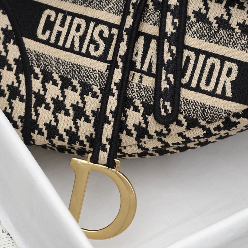 Hot Christian Dior Saddle Bag Houndstooth Motif Canvas Black