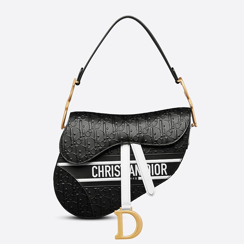 Hot Christian Dior Saddle Bag Oblique Embossed Calfskin Black White