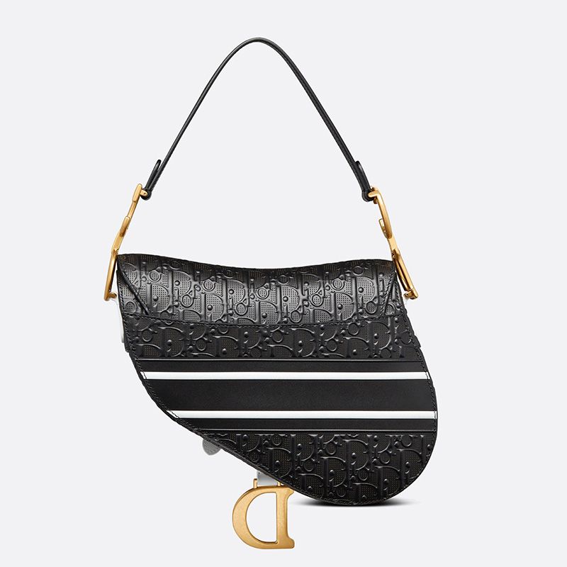 Christian Dior Saddle Bag Oblique Embossed Calfskin Black White Hot Sale