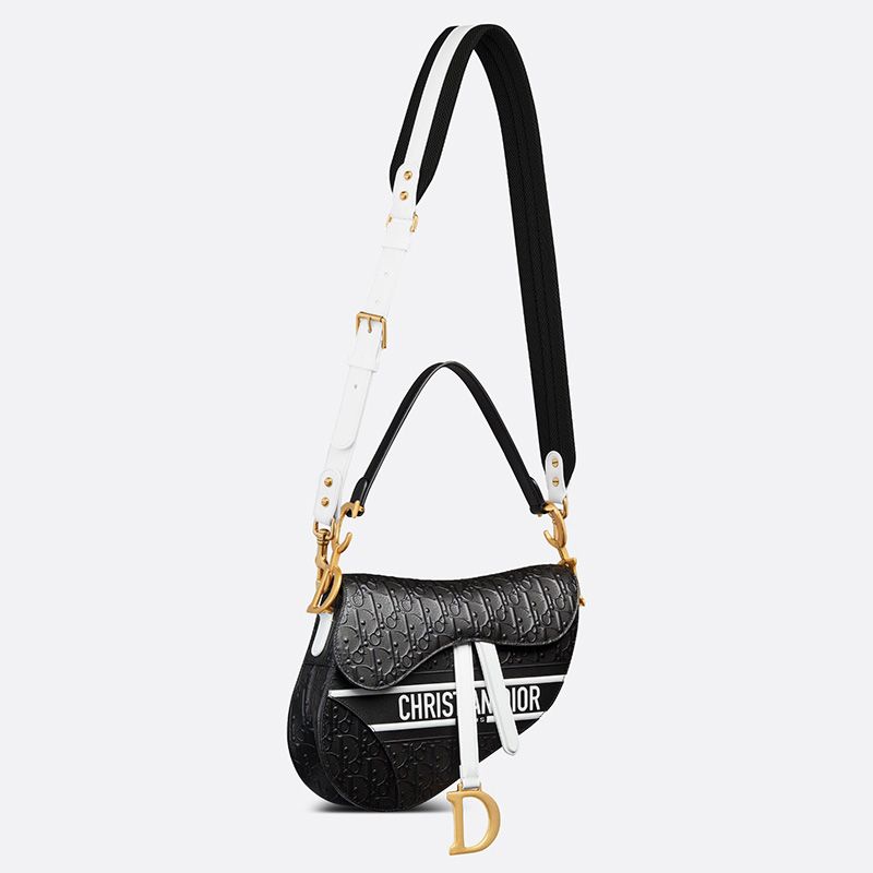 Christian Dior Saddle Bag Oblique Embossed Calfskin Black White Hot Sale