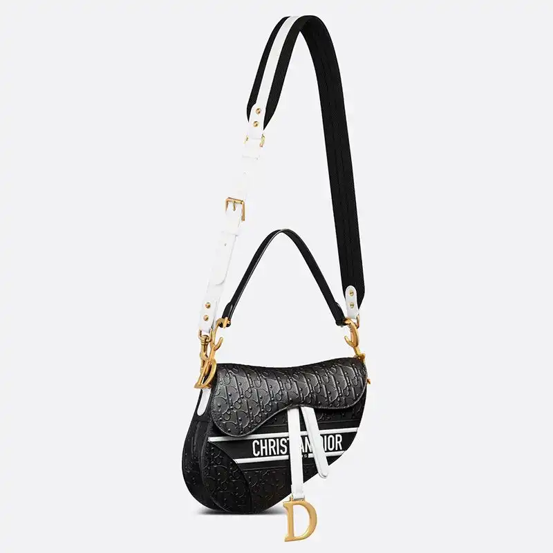 Cheap Christian Dior Saddle Bag Oblique Embossed Calfskin Black White