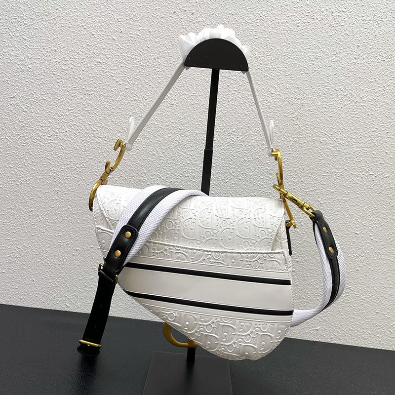 Hot Christian Dior Saddle Bag Oblique Embossed Calfskin White Black