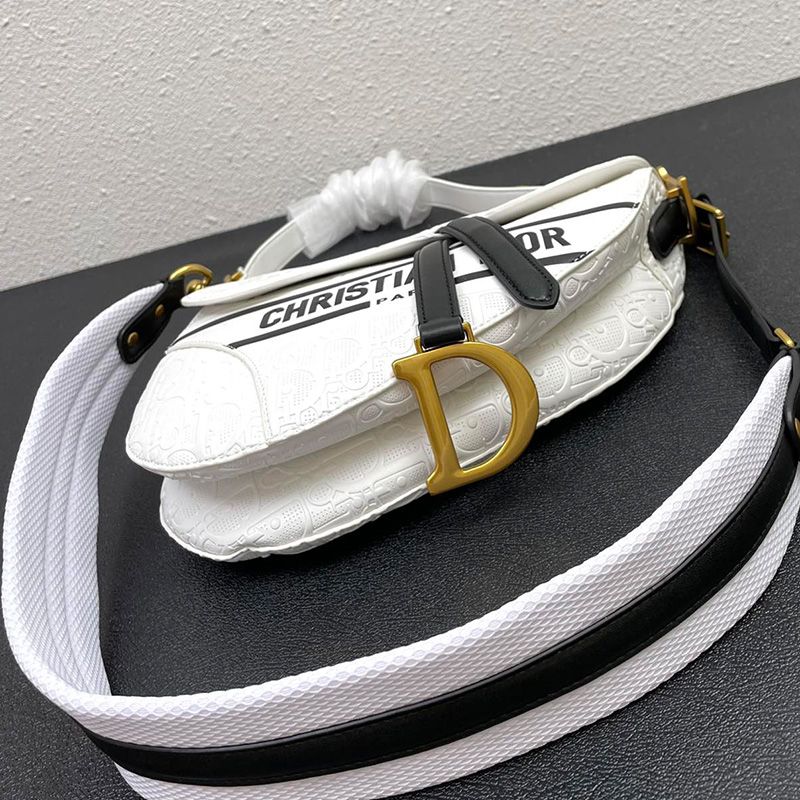 Hot Christian Dior Saddle Bag Oblique Embossed Calfskin White Black