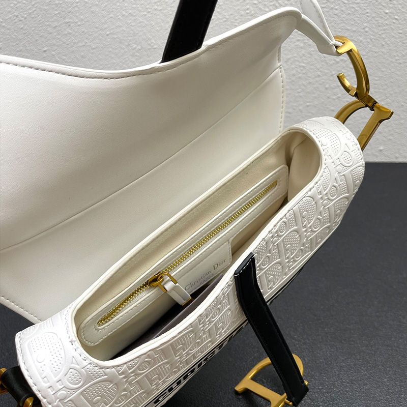 Hot Christian Dior Saddle Bag Oblique Embossed Calfskin White Black