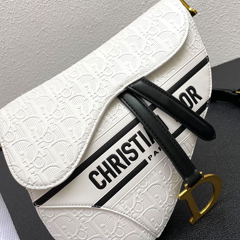 Hot Christian Dior Saddle Bag Oblique Embossed Calfskin White Black