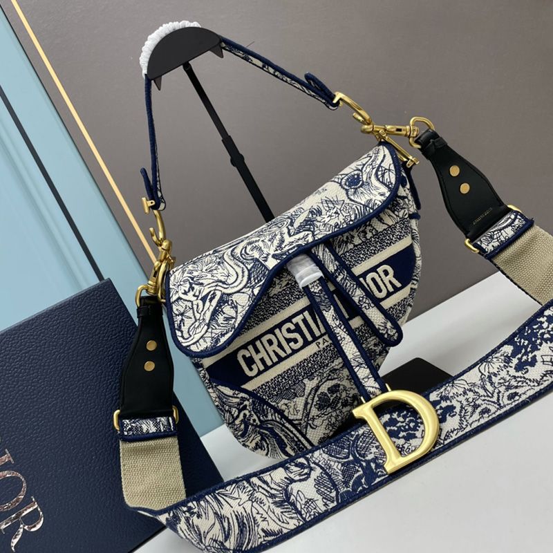 Christian Dior Saddle Bag Toile de Jouy Motif Canvas Blue Hot Sale