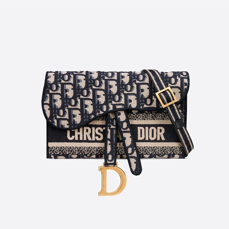 Hot Christian Dior Saddle Slim Pouch Oblique Motif Canvas Blue