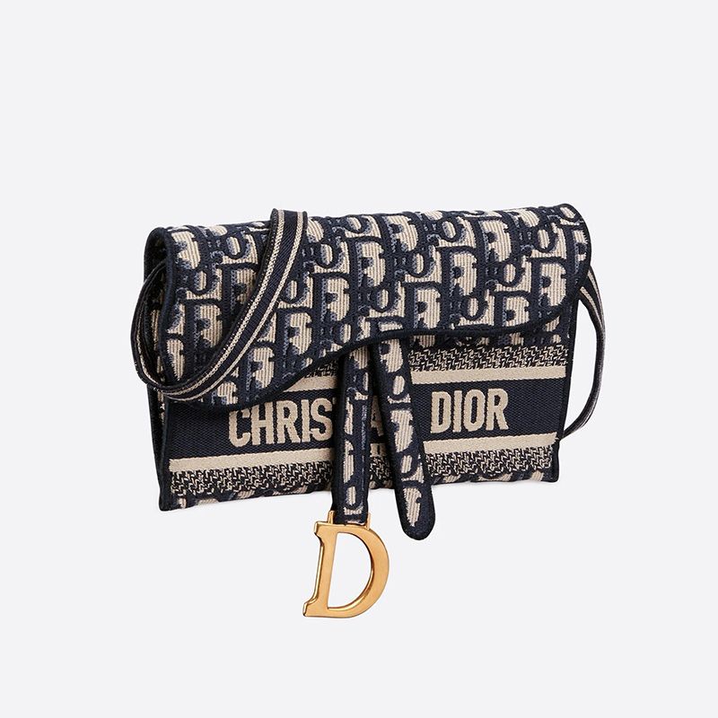 Hot Christian Dior Saddle Slim Pouch Oblique Motif Canvas Blue