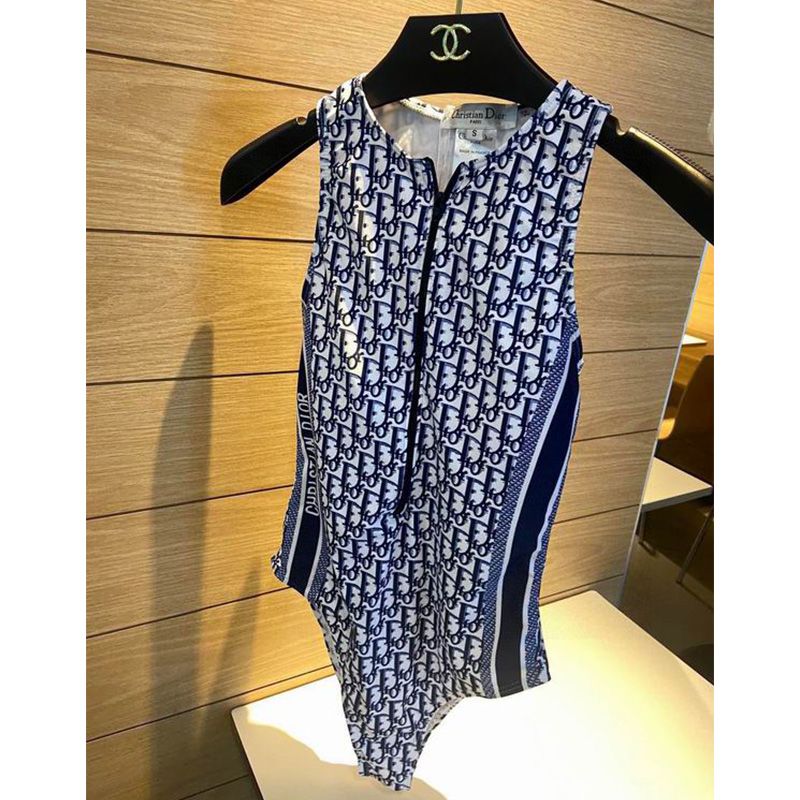 Hot Christian Dior Sleeveless Bodysuit Women Oblique Motif Lycra Blue