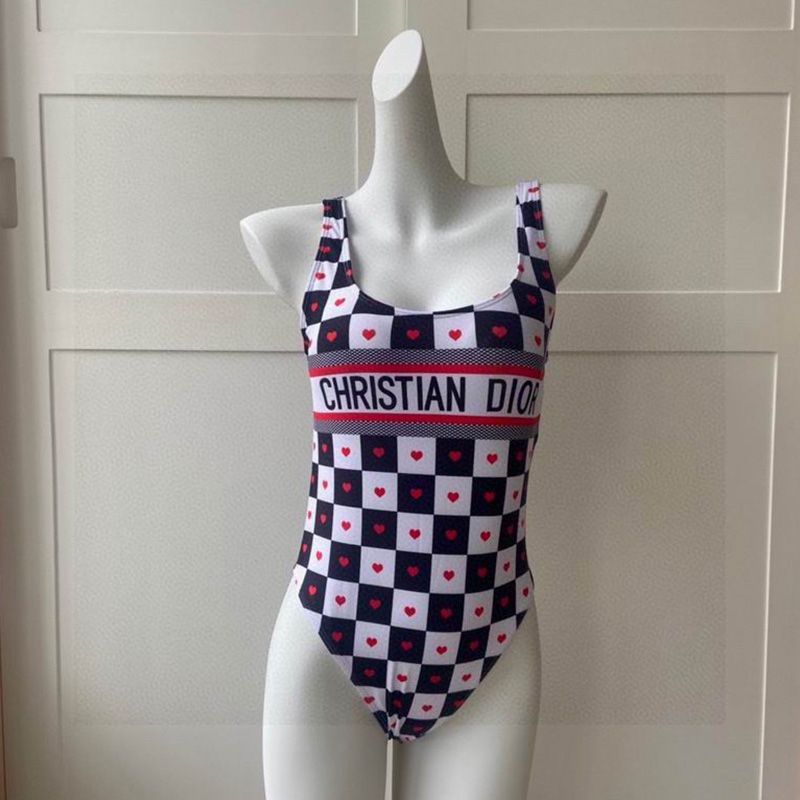 Hot Christian Dior Swimsuit Women Dioramour D-Chess Heart Motif Lycra Black White