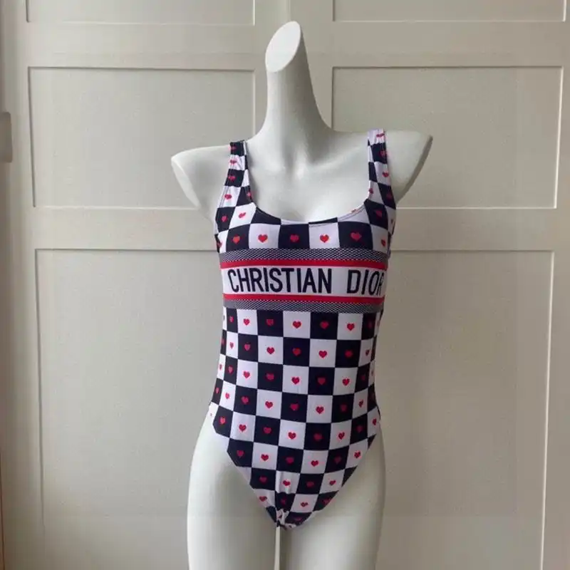 Hot Christian Dior Swimsuit Women Dioramour D-Chess Heart Motif Lycra Black White