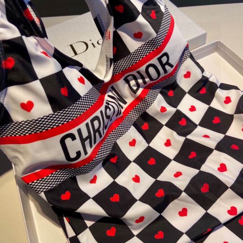 Christian Dior Swimsuit Women Dioramour D-Chess Heart Motif Lycra Black White Hot Sale