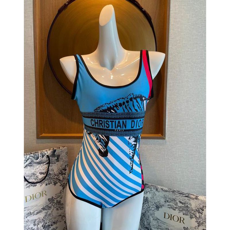 Hot Christian Dior Swimsuit Women D-Jungle Pop Motif Lycra Blue Red