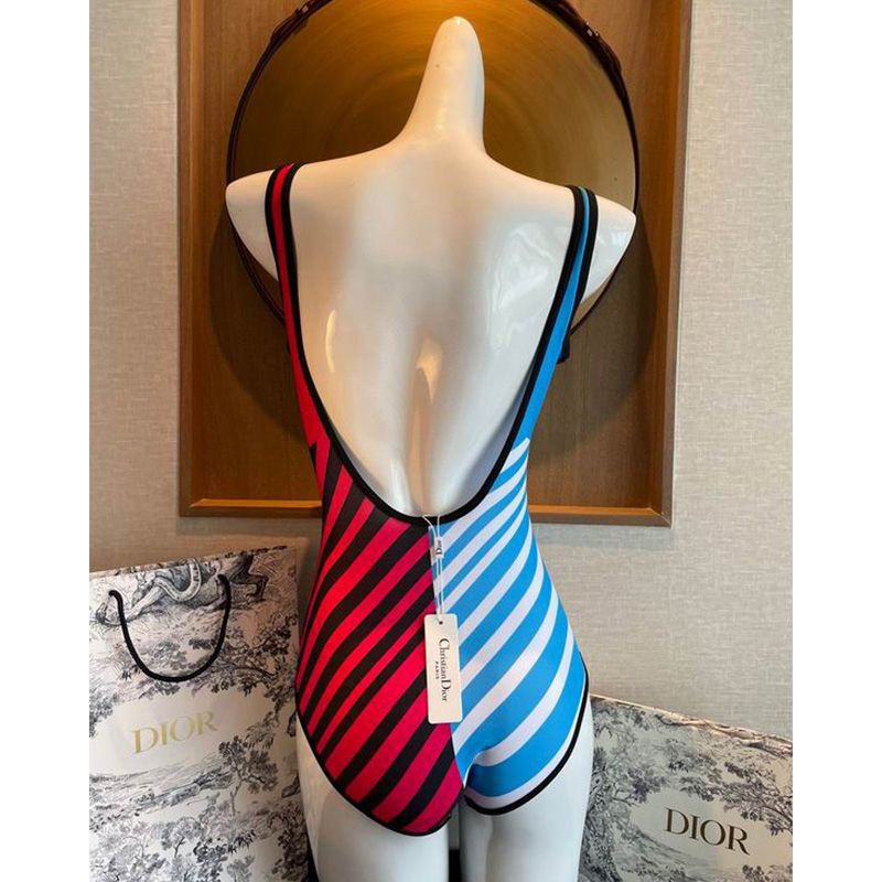 Hot Christian Dior Swimsuit Women D-Jungle Pop Motif Lycra Blue Red