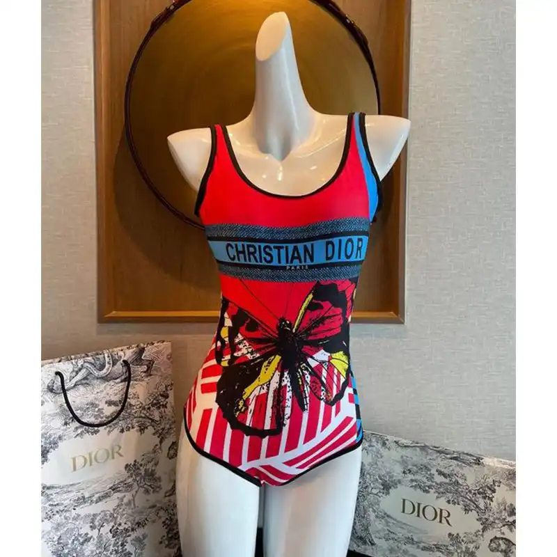 Hot Christian Dior Swimsuit Women D-Jungle Pop Motif Lycra Red Blue