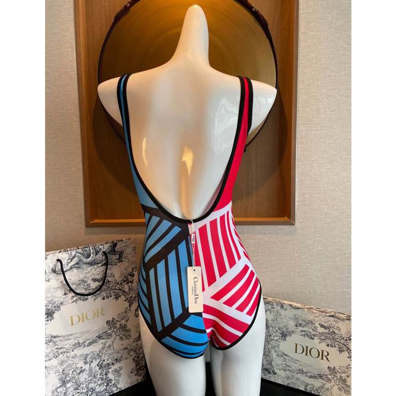 Hot Christian Dior Swimsuit Women D-Jungle Pop Motif Lycra Red Blue