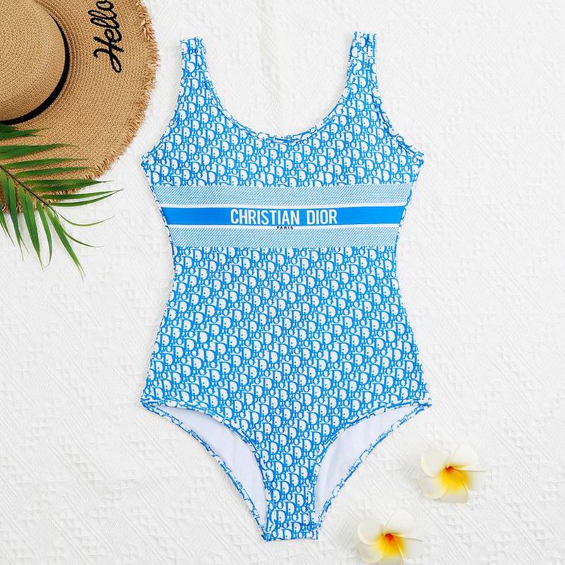 Hot Christian Dior Swimsuit Women Oblique Motif Lycra Sky Blue