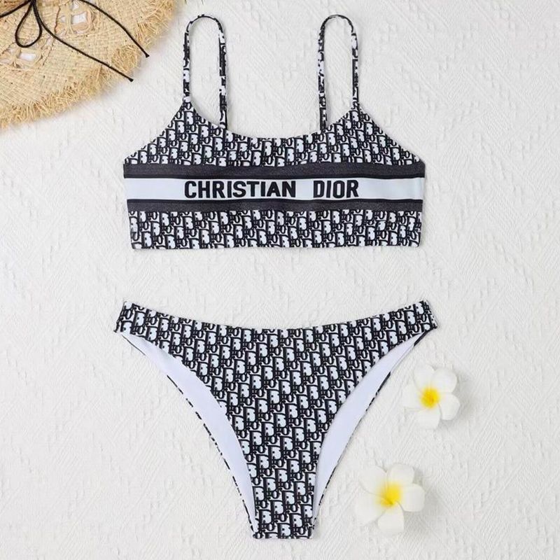 Christian Dior Spaghetti Bikini Women Oblique Motif Lycra Black Hot Sale