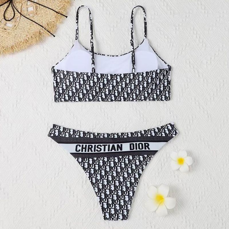 Hot Christian Dior Spaghetti Bikini Women Oblique Motif Lycra Black